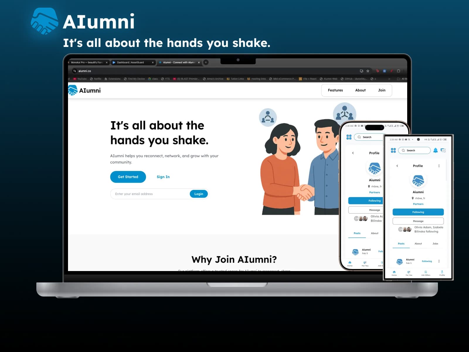 AIumni landing page on laptop and phone