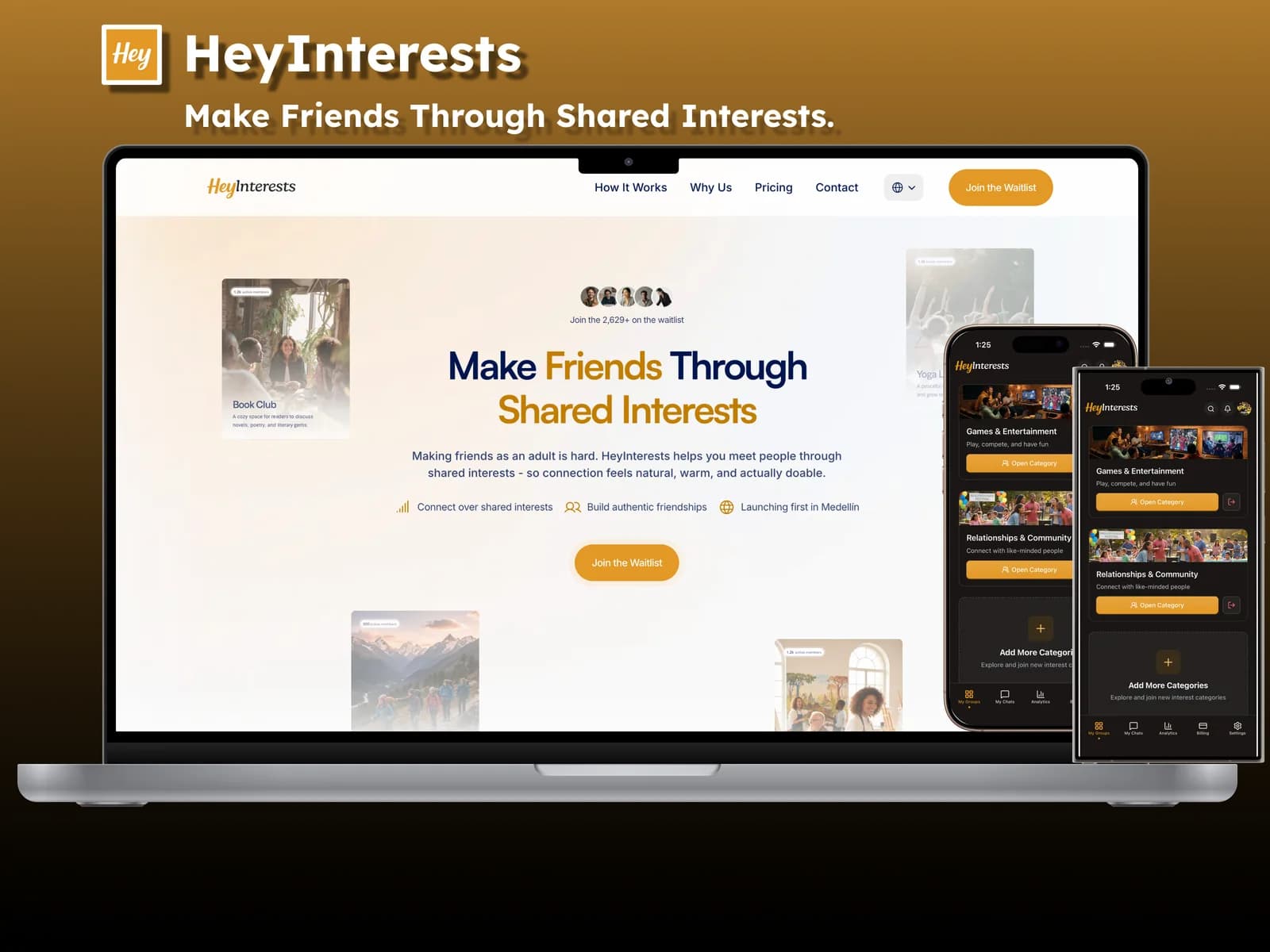 HeyInterests landing page on laptop and phone