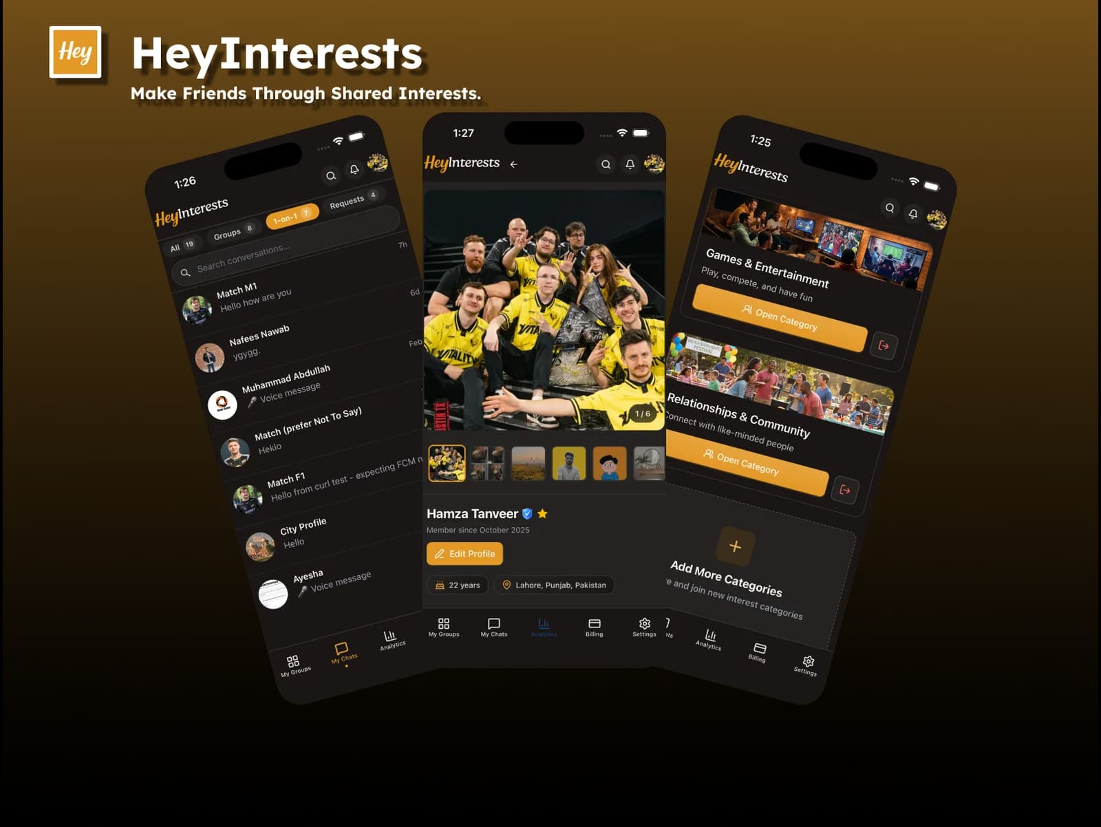 HeyInterests Flutter app screens on three phones