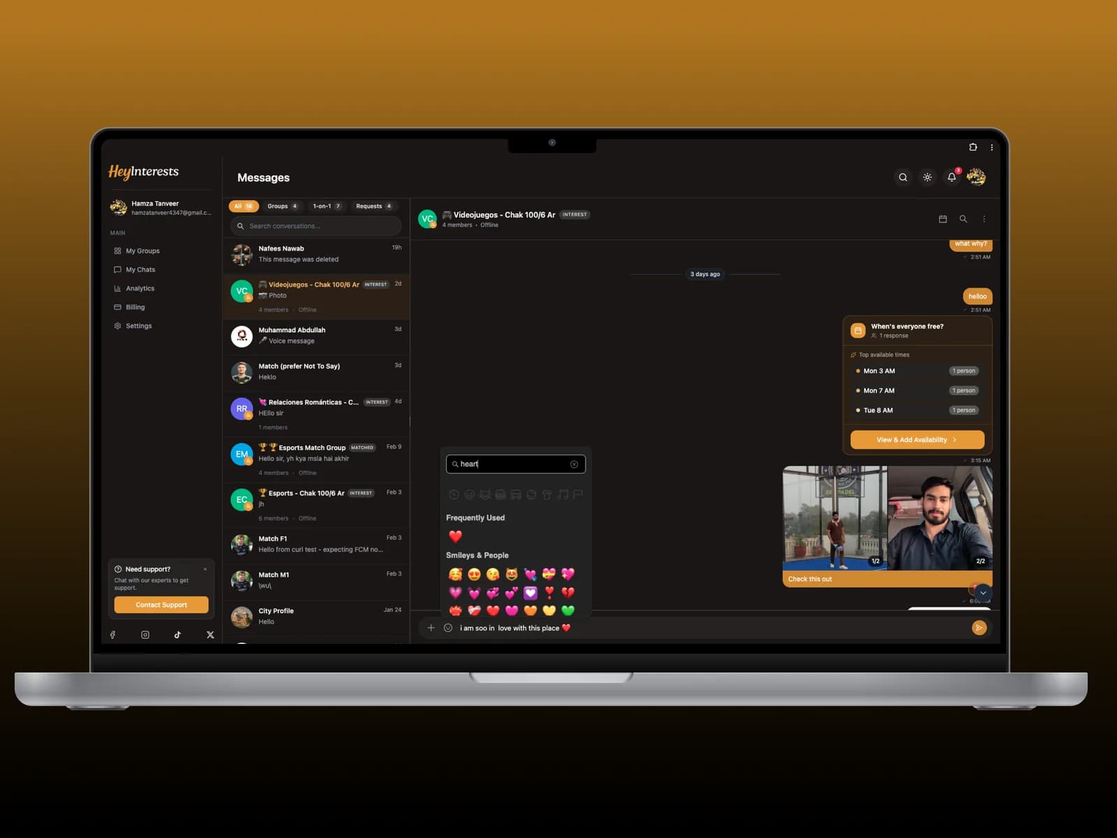 HeyInterests web messaging interface